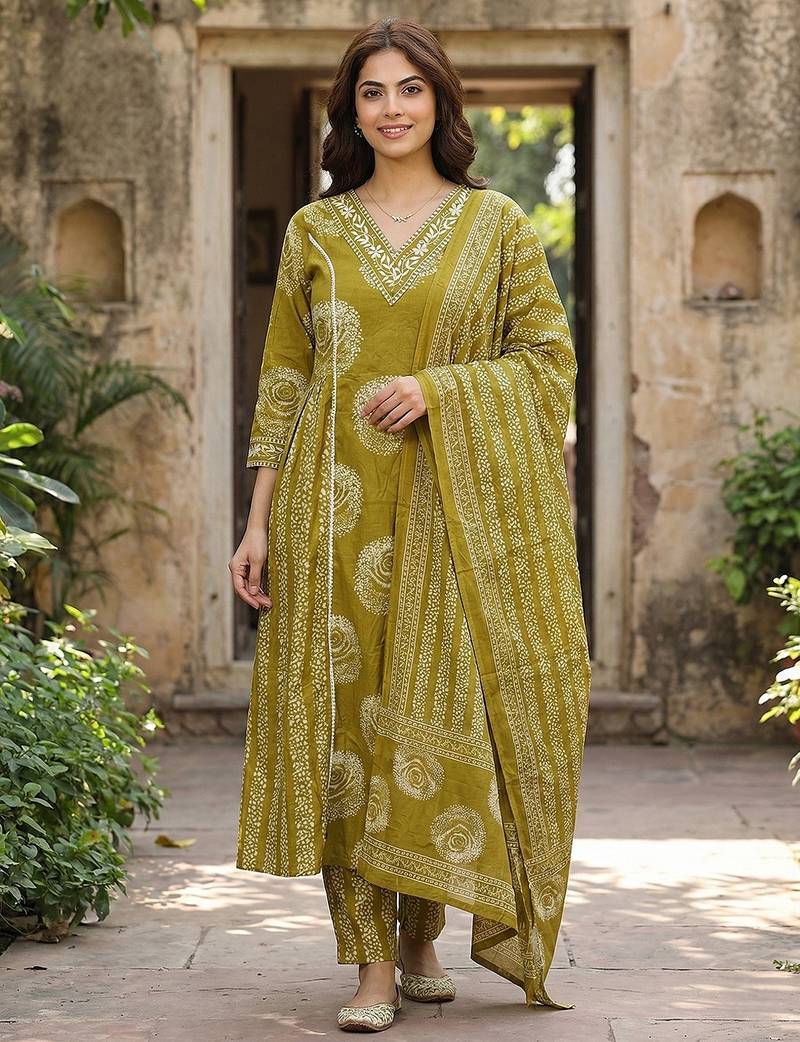 Anouk olive green pure cotton a-line priencess cut kurta set