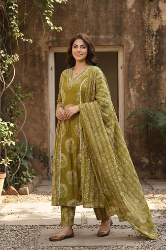 olive green pure cotton a-line princess cut kurta set