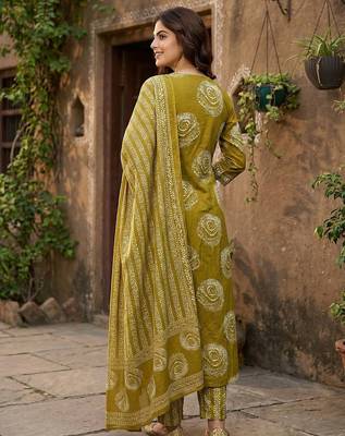 olive green pure cotton a-line princess cut kurta set 3