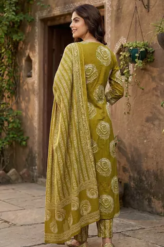olive green pure cotton a-line princess cut kurta set