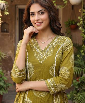 olive green pure cotton a-line princess cut kurta set 4