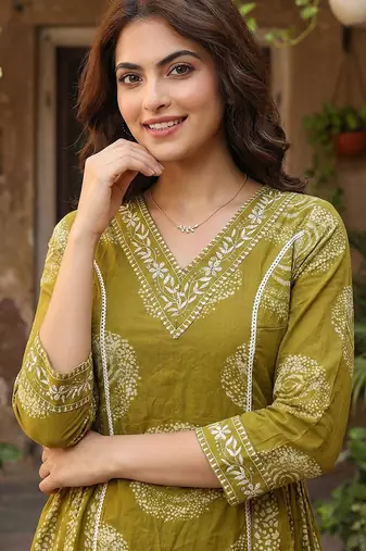 olive green pure cotton a-line princess cut kurta set