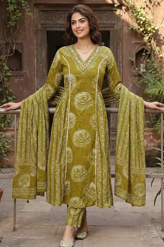 olive green pure cotton a-line princess cut kurta set