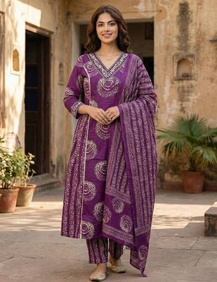 purple pure cotton a-line princess cut kurta set 1