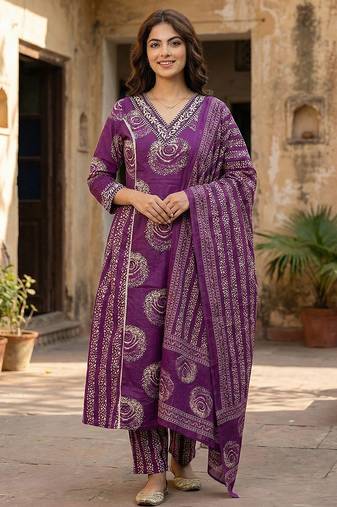 Anouk purple pure cotton a-line priencess cut kurta set