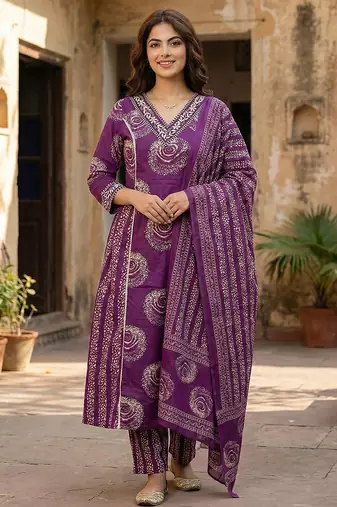 Anouk purple pure cotton a-line priencess cut kurta set