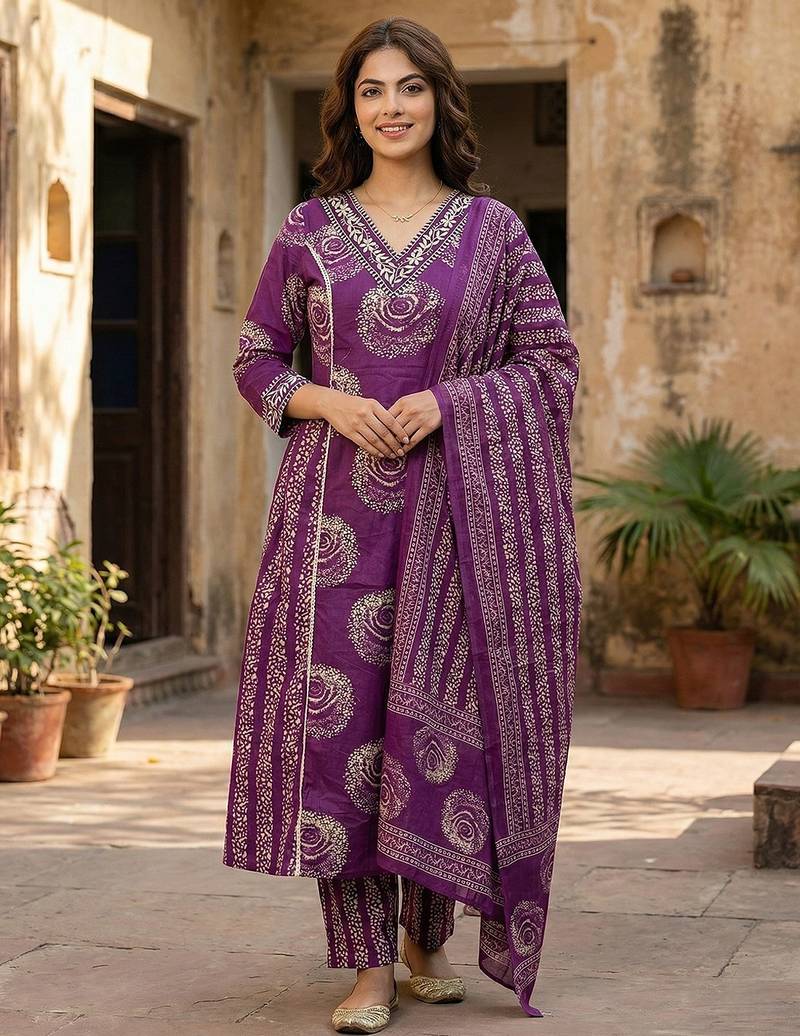 Anouk purple pure cotton a-line priencess cut kurta set