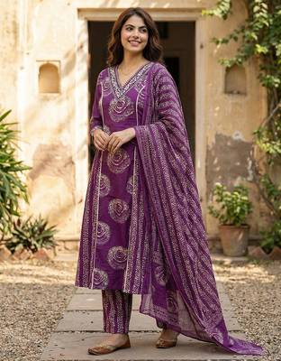 purple pure cotton a-line princess cut kurta set 2