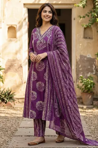 purple pure cotton a-line princess cut kurta set