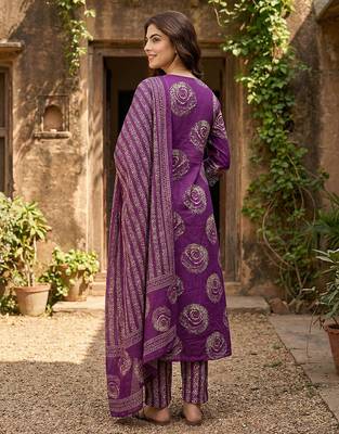 purple pure cotton a-line princess cut kurta set 3