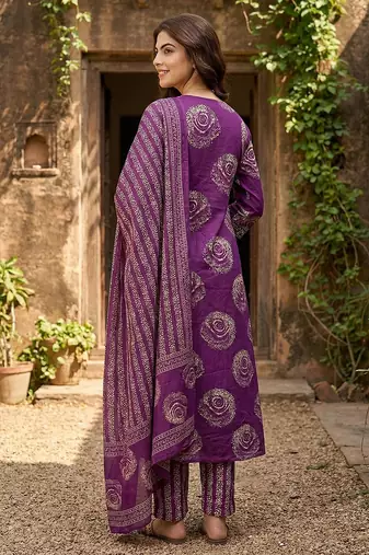purple pure cotton a-line princess cut kurta set