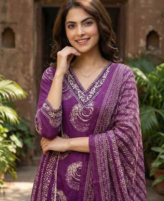 purple pure cotton a-line princess cut kurta set 4