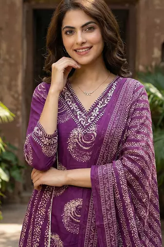 purple pure cotton a-line princess cut kurta set