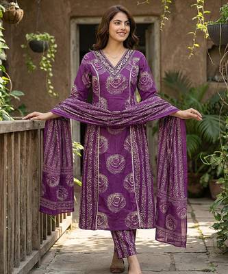 purple pure cotton a-line princess cut kurta set 5