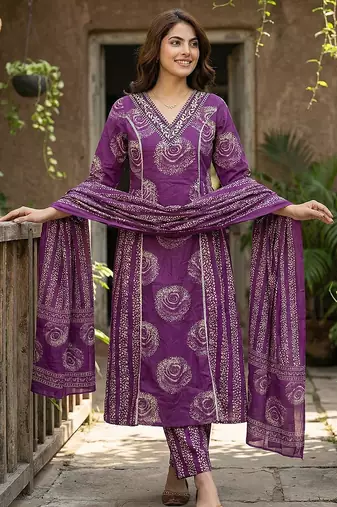 purple pure cotton a-line princess cut kurta set