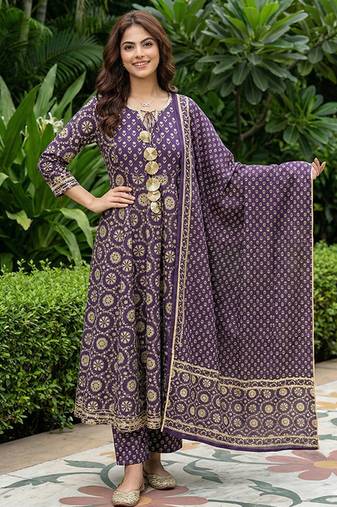 Anouk purple and cream pure cotton anarkali regular kurta set