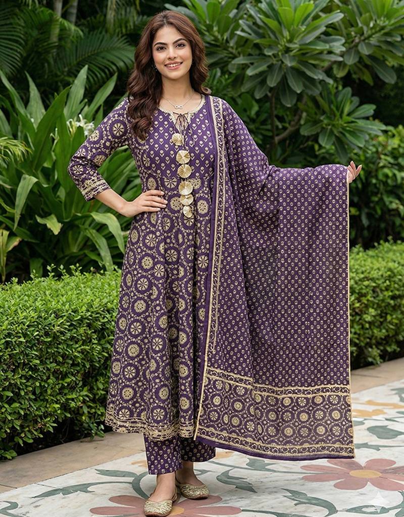 Anouk purple and cream pure cotton anarkali regular kurta set