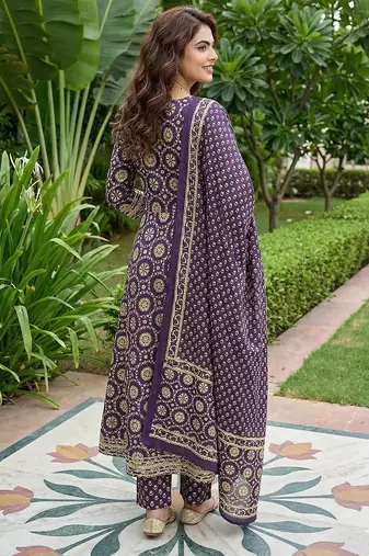purple and cream pure cotton anarkali regular kurta set