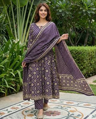 purple and cream pure cotton anarkali regular kurta set 3