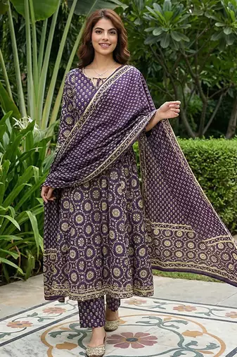 purple and cream pure cotton anarkali regular kurta set