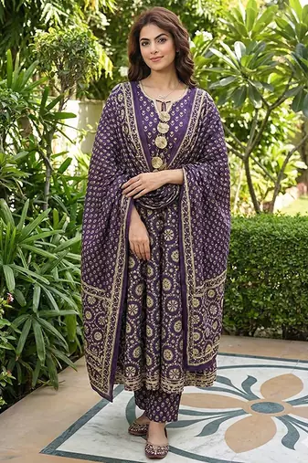 purple and cream pure cotton anarkali regular kurta set
