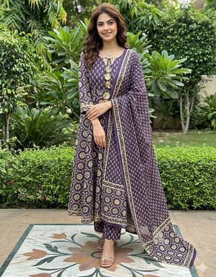 purple and cream pure cotton anarkali regular kurta set 5