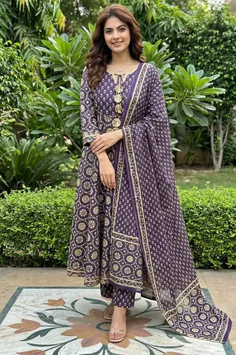 purple and cream pure cotton anarkali regular kurta set