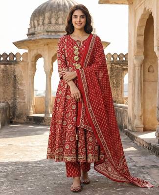 red and cream pure cotton anarkali regular kurta set 1