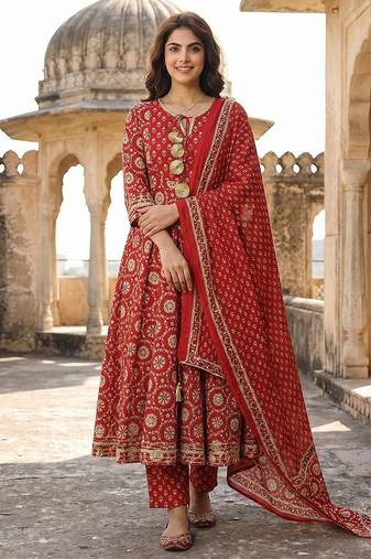 Anouk red and cream pure cotton anarkali regular kurta set