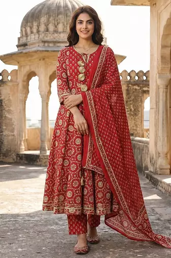 Anouk red and cream pure cotton anarkali regular kurta set