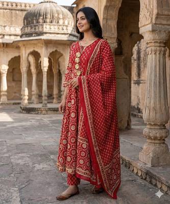red and cream pure cotton anarkali regular kurta set 2
