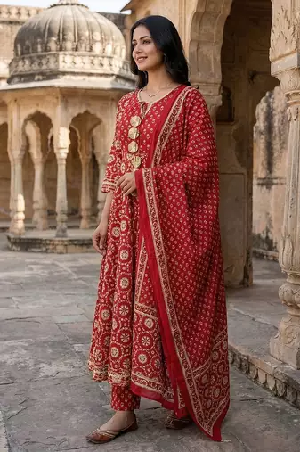 red and cream pure cotton anarkali regular kurta set