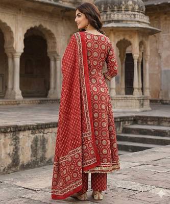 red and cream pure cotton anarkali regular kurta set 3