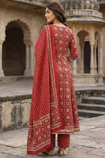 red and cream pure cotton anarkali regular kurta set
