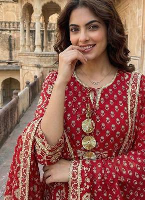 red and cream pure cotton anarkali regular kurta set 4