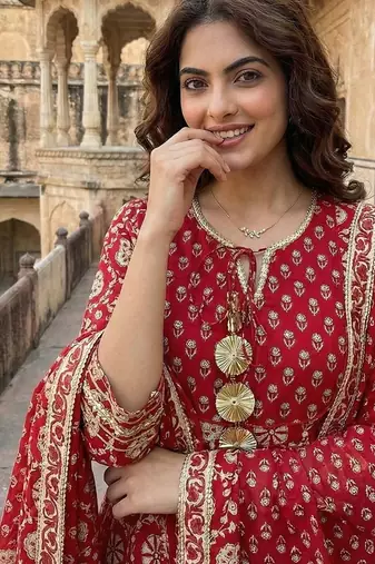red and cream pure cotton anarkali regular kurta set