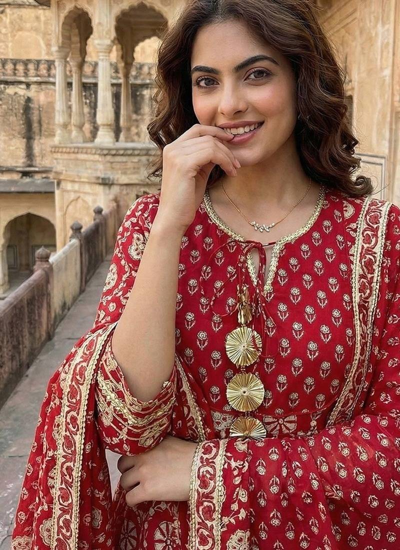 Anouk red and cream pure cotton anarkali regular kurta set