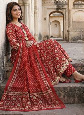 red and cream pure cotton anarkali regular kurta set 5