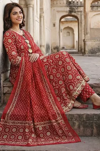 red and cream pure cotton anarkali regular kurta set