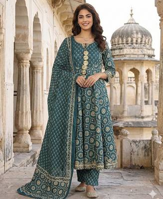 teal blue and cream pure cotton anarkali regular kurta set 1
