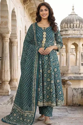 Anouk teal blue and cream pure cotton anarkali regular kurta set
