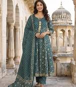Anouk teal blue and cream pure cotton anarkali regular kurta set