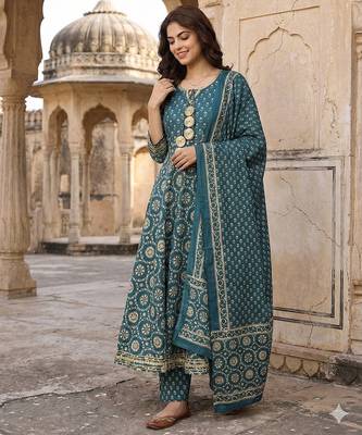 teal blue and cream pure cotton anarkali regular kurta set 2