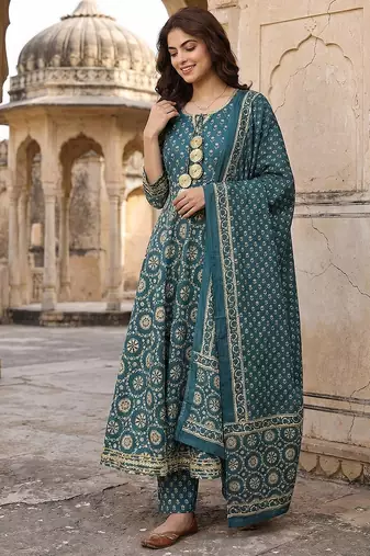 teal blue and cream pure cotton anarkali regular kurta set