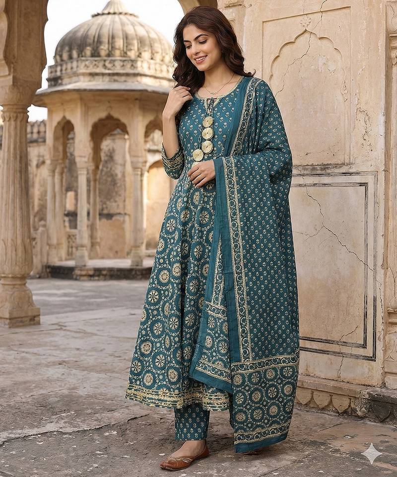 Anouk teal blue and cream pure cotton anarkali regular kurta set