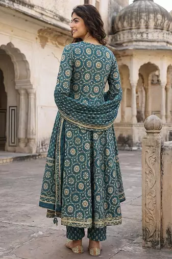 teal blue and cream pure cotton anarkali regular kurta set