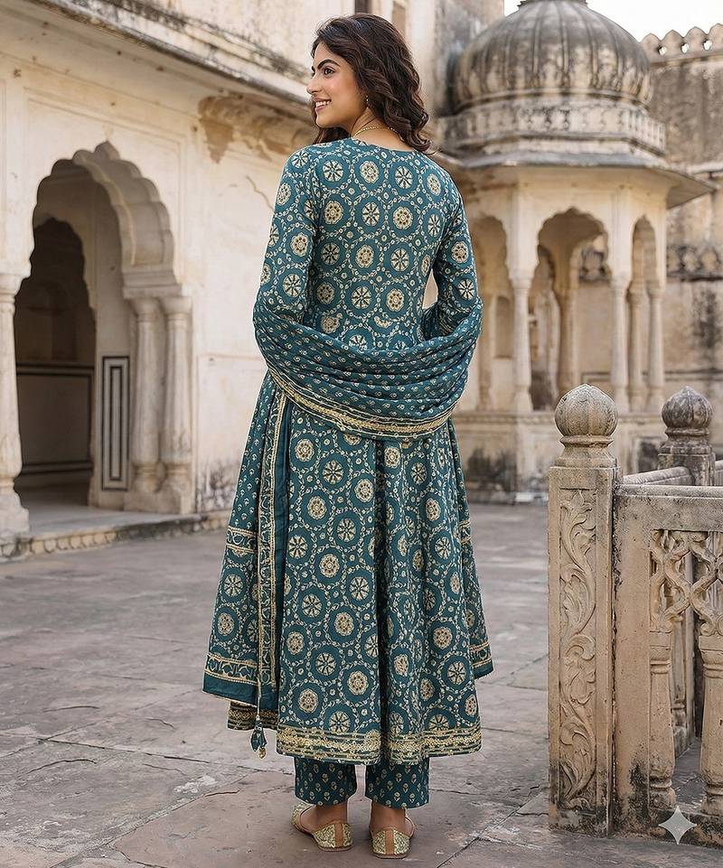Anouk teal blue and cream pure cotton anarkali regular kurta set