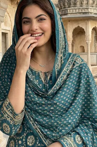 teal blue and cream pure cotton anarkali regular kurta set
