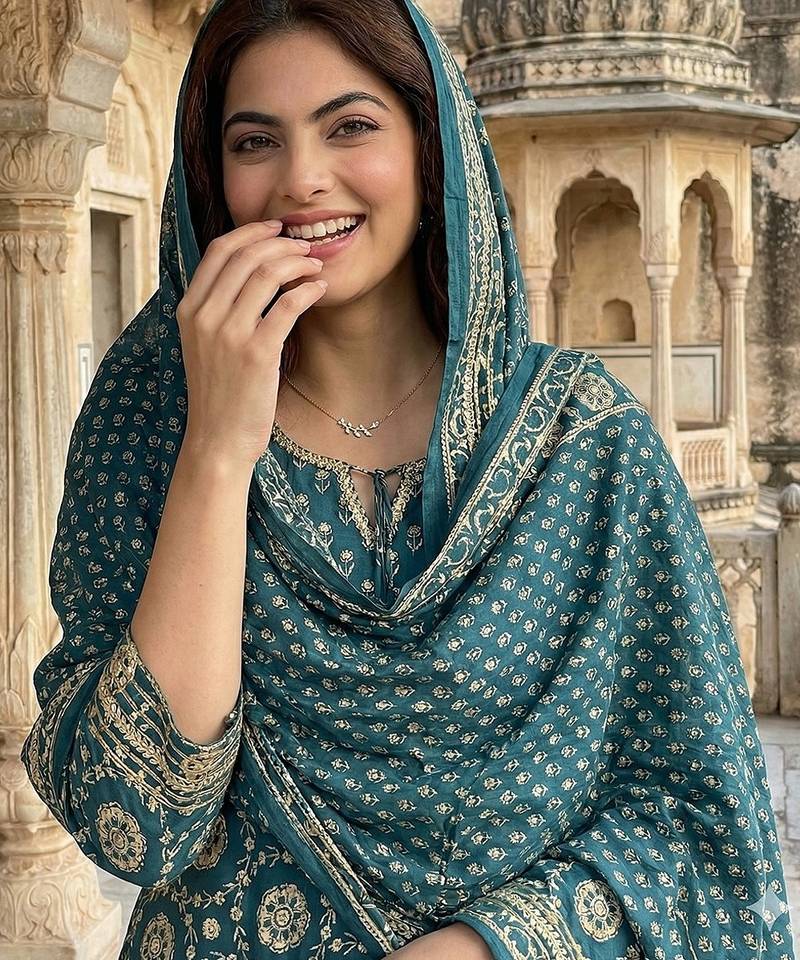 Anouk teal blue and cream pure cotton anarkali regular kurta set