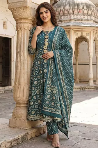 teal blue and cream pure cotton anarkali regular kurta set